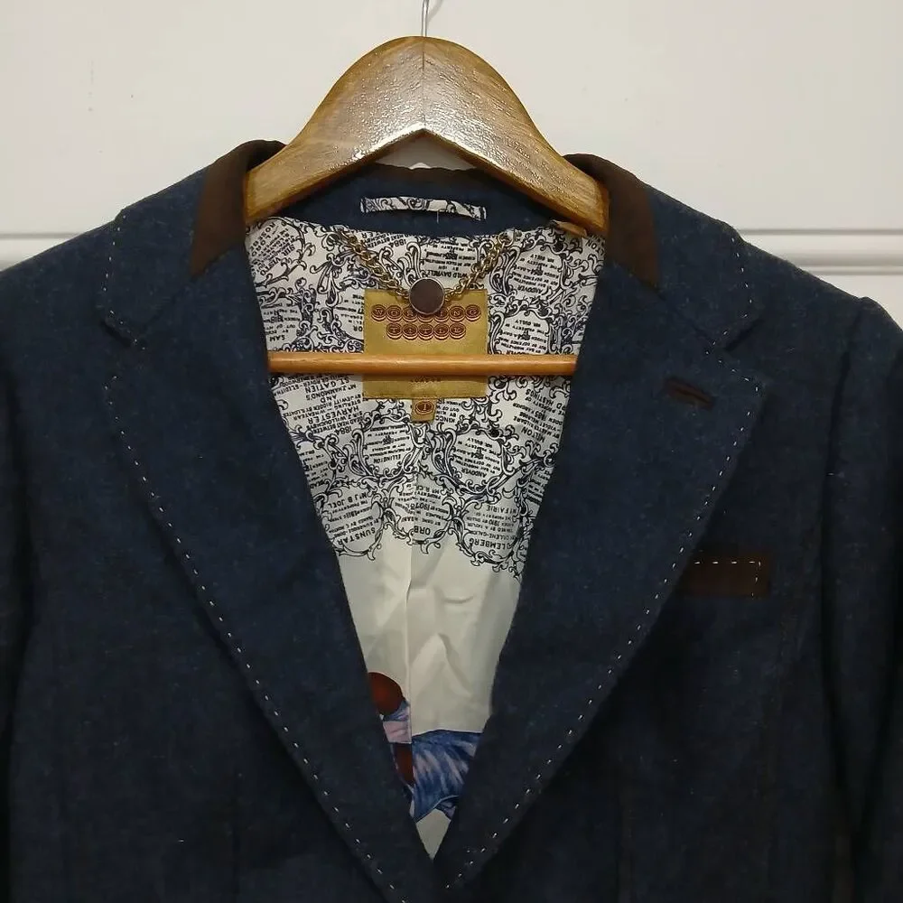 Ted baker womens US size 4 blazer blue 100% wool brown elbow patchwork - Picture 3 of 9